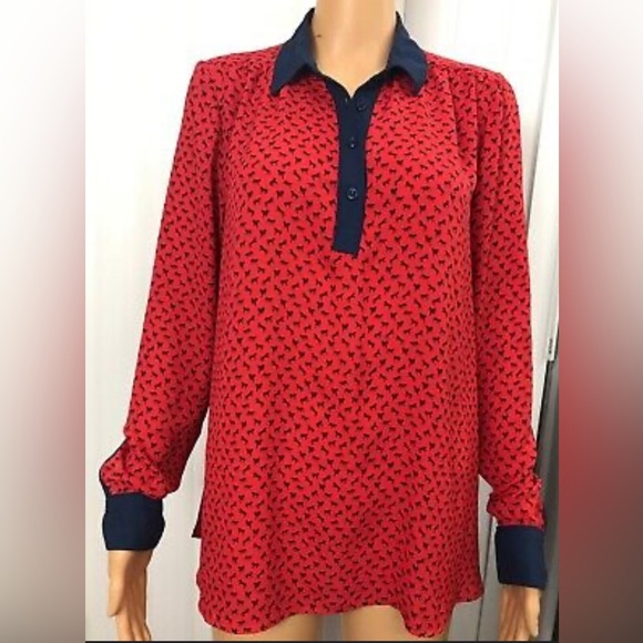 Free People Red Blue Equestrian horse print long sleeve  top blouse small - Picture 2 of 7